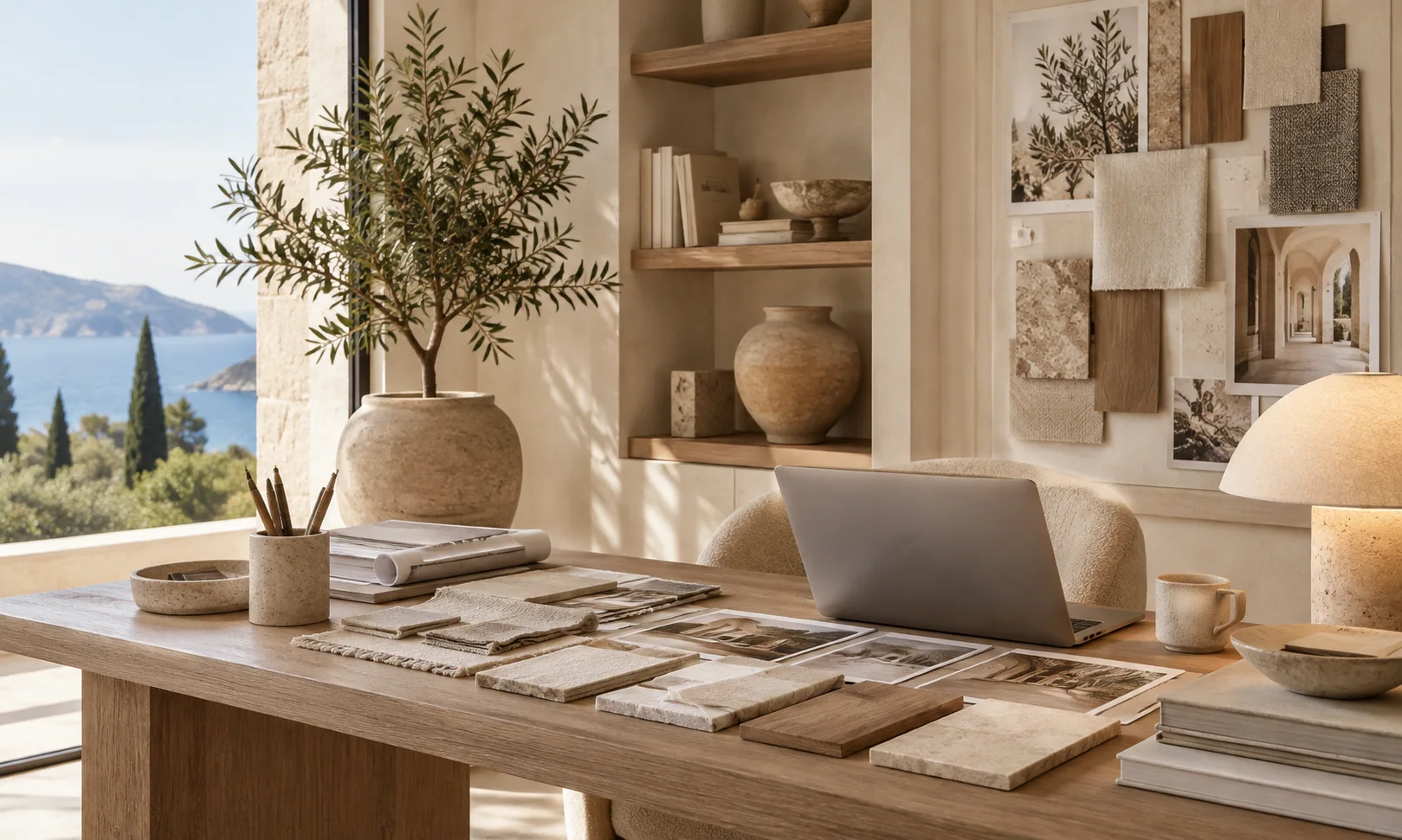 Image d’inspiration : atelier de conception avec échantillons de matériaux et planches d’ambiance