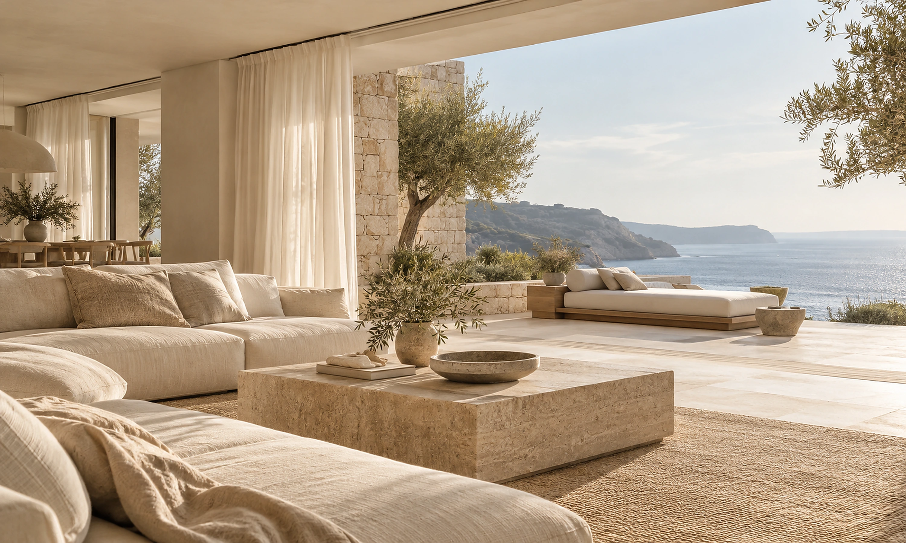 Image d’inspiration : vaste salon méditerranéen ouvert sur la mer