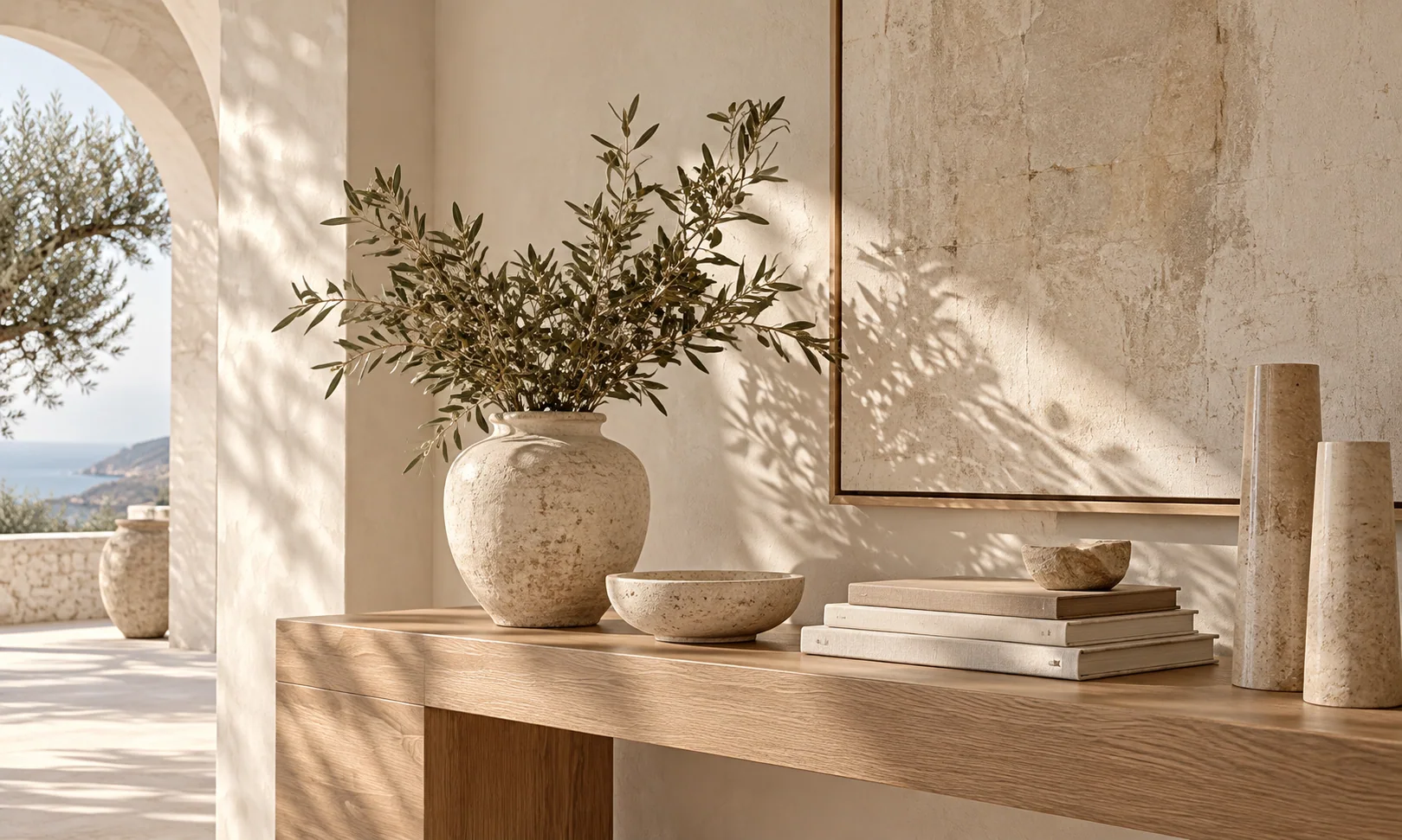 Image d’inspiration : matières minérales, végétation méditerranéenne et mobilier en bois naturel
