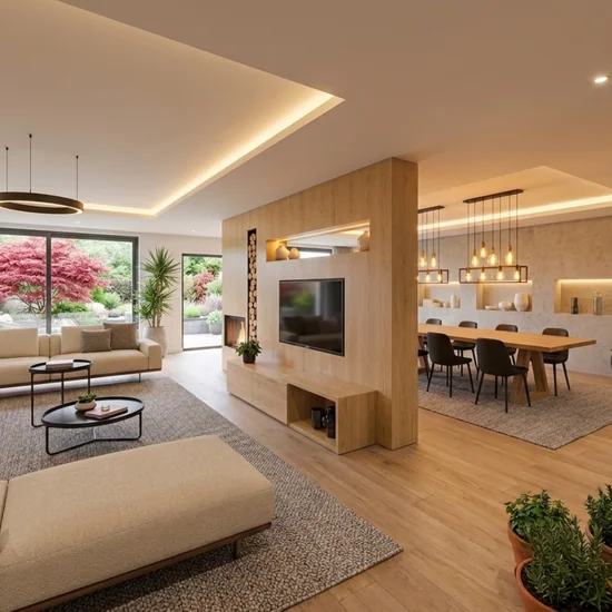 Pièce de vie ouverte avec salon, espace TV et salle à manger — projet NC DECO