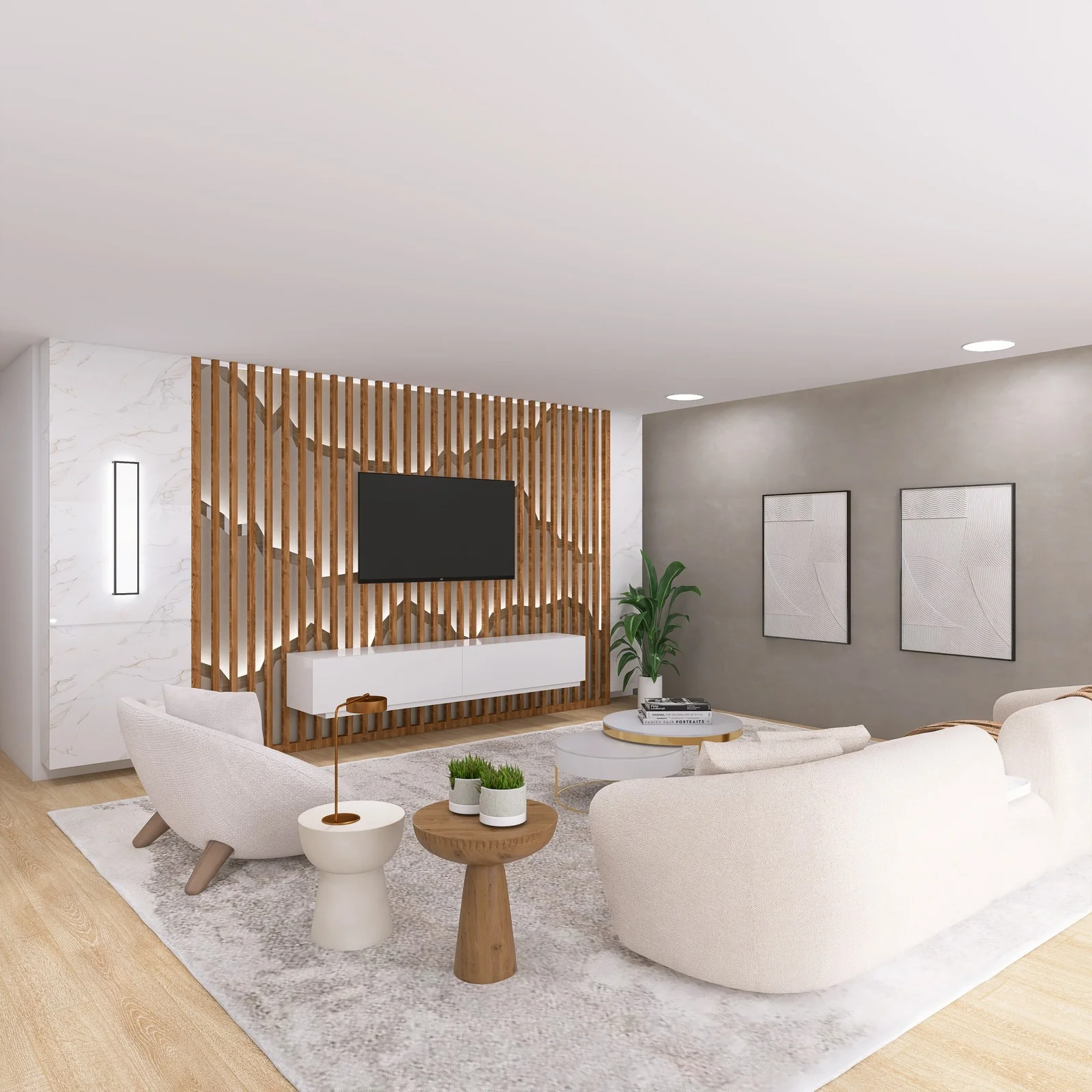 Espace TV en bois naturel avec agencement sur mesure — projet NC DECO