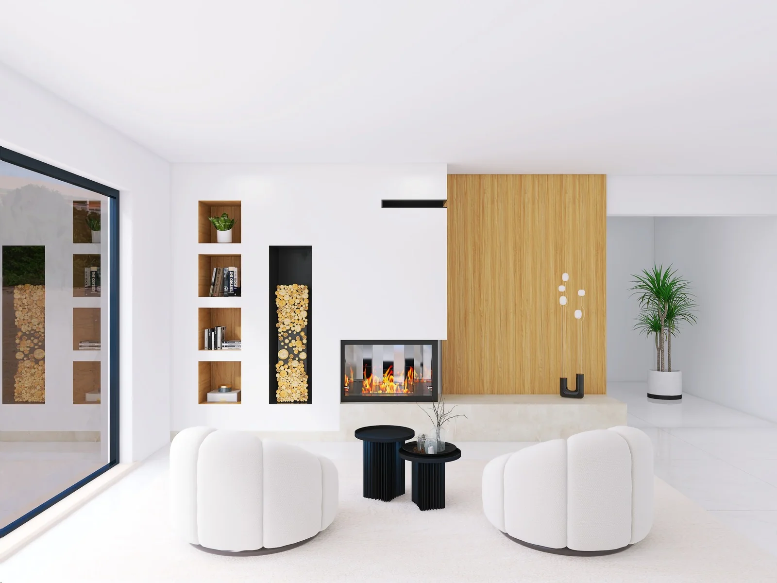 Salon contemporain avec cheminée et volumes en bois — projet NC DECO