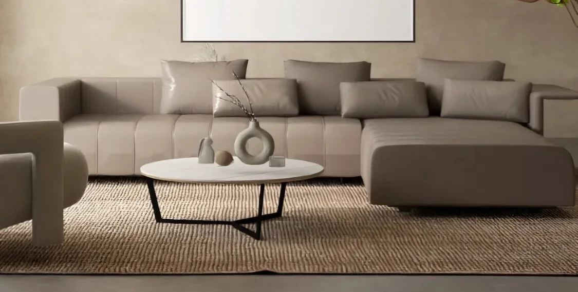 Détail du mobilier et des matières naturelles du salon NC DECO