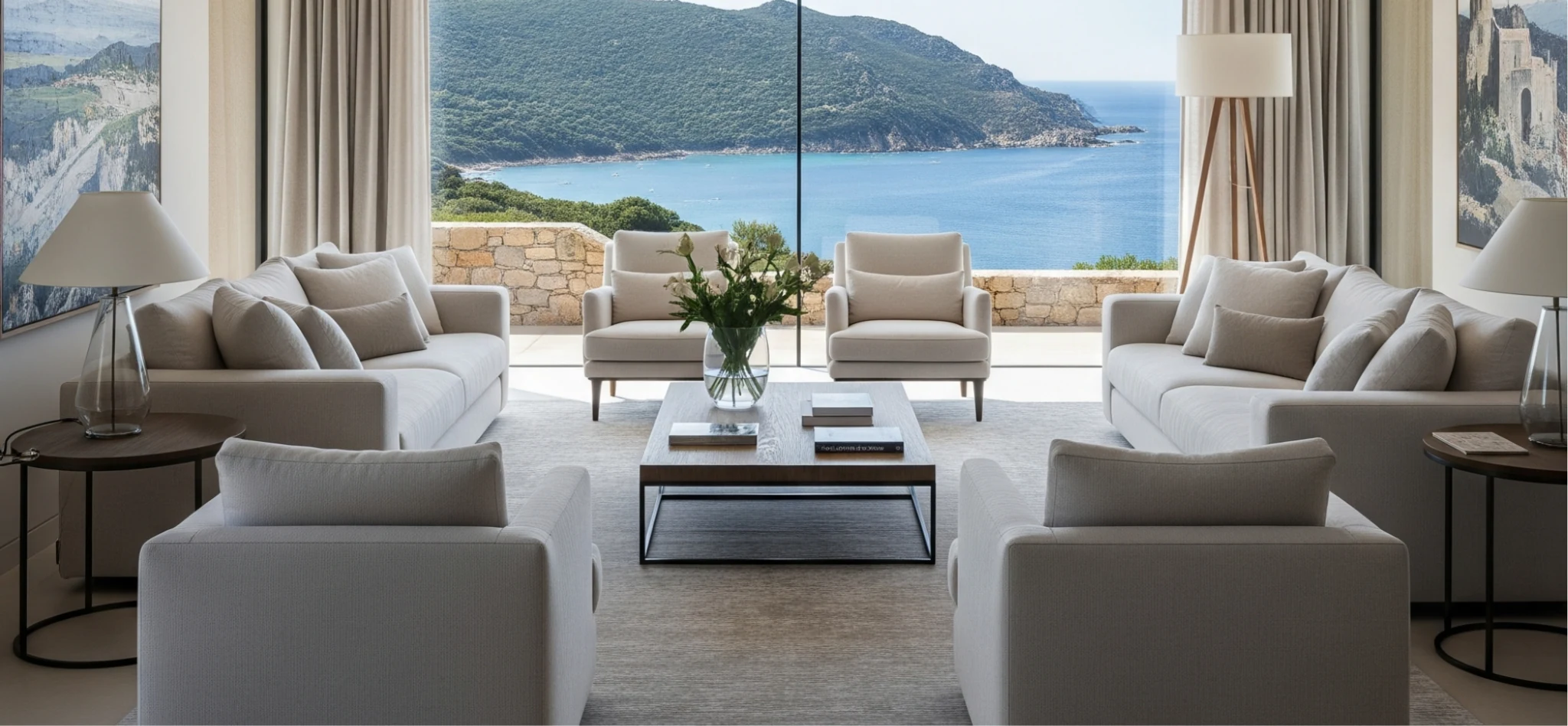 Salon contemporain ouvert sur la mer, avec assises claires et grandes baies vitrées — projet NC DECO